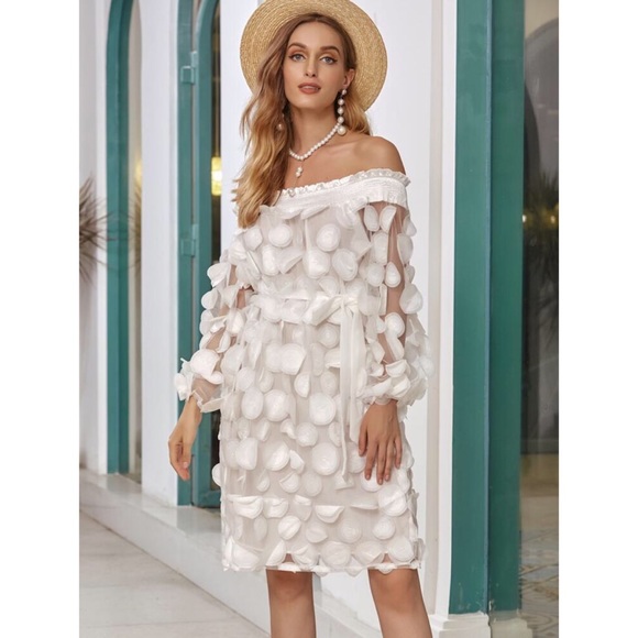 White Rose Petals Sheer Mesh Off Shoulder Dress - Picture 1 of 4